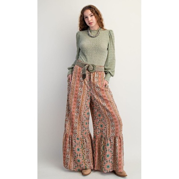 easel Pants - EASEL Printed Ruffle Wide Leg Pants Boho Western Size L NEW